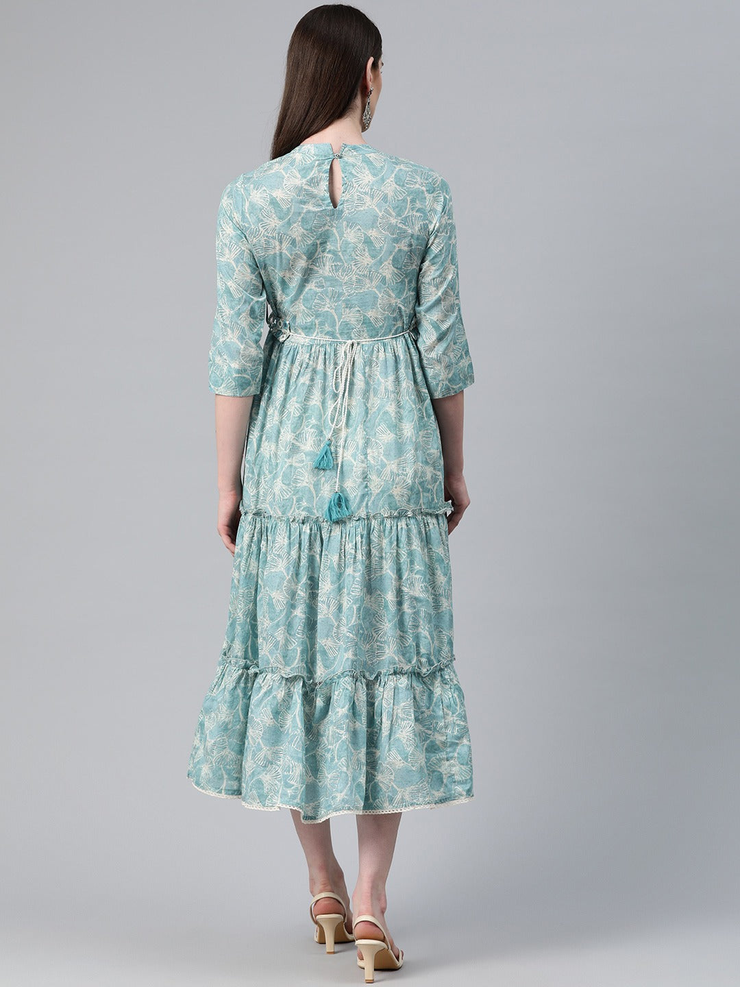 Blue Color Cotton Fabric Tiered Dress