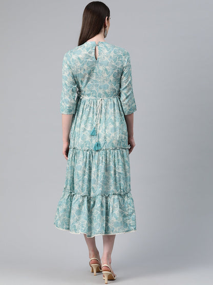 Blue Color Cotton Fabric Tiered Dress