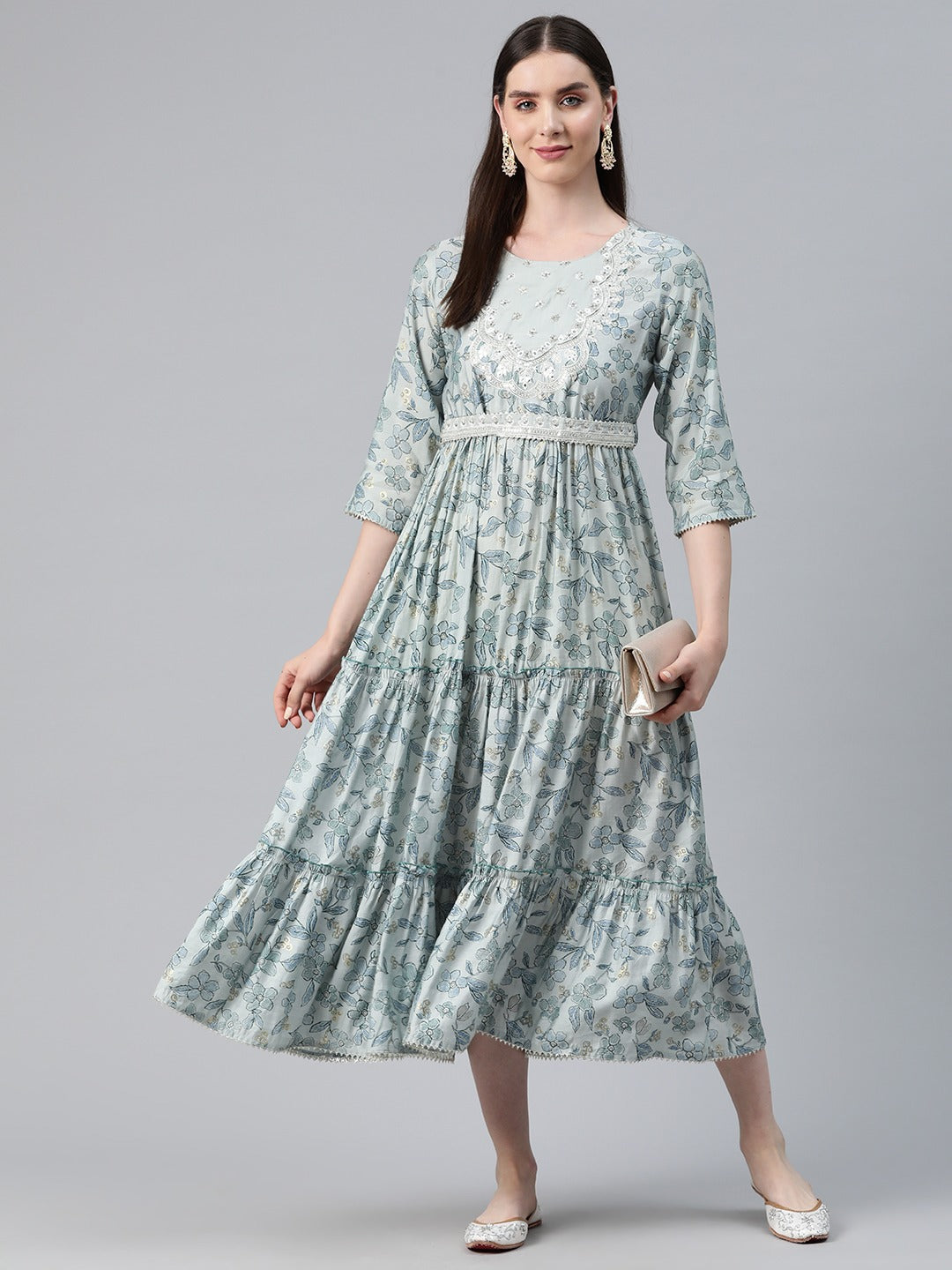 Grey Color Art Silk Fabric Tiered Dress