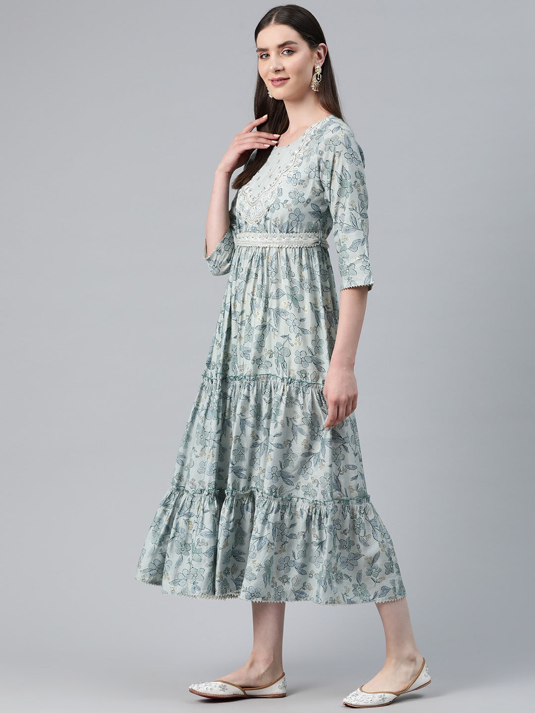 Grey Color Art Silk Fabric Tiered Dress