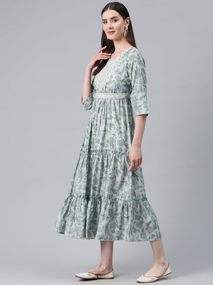 Grey Color Art Silk Fabric Tiered Dress