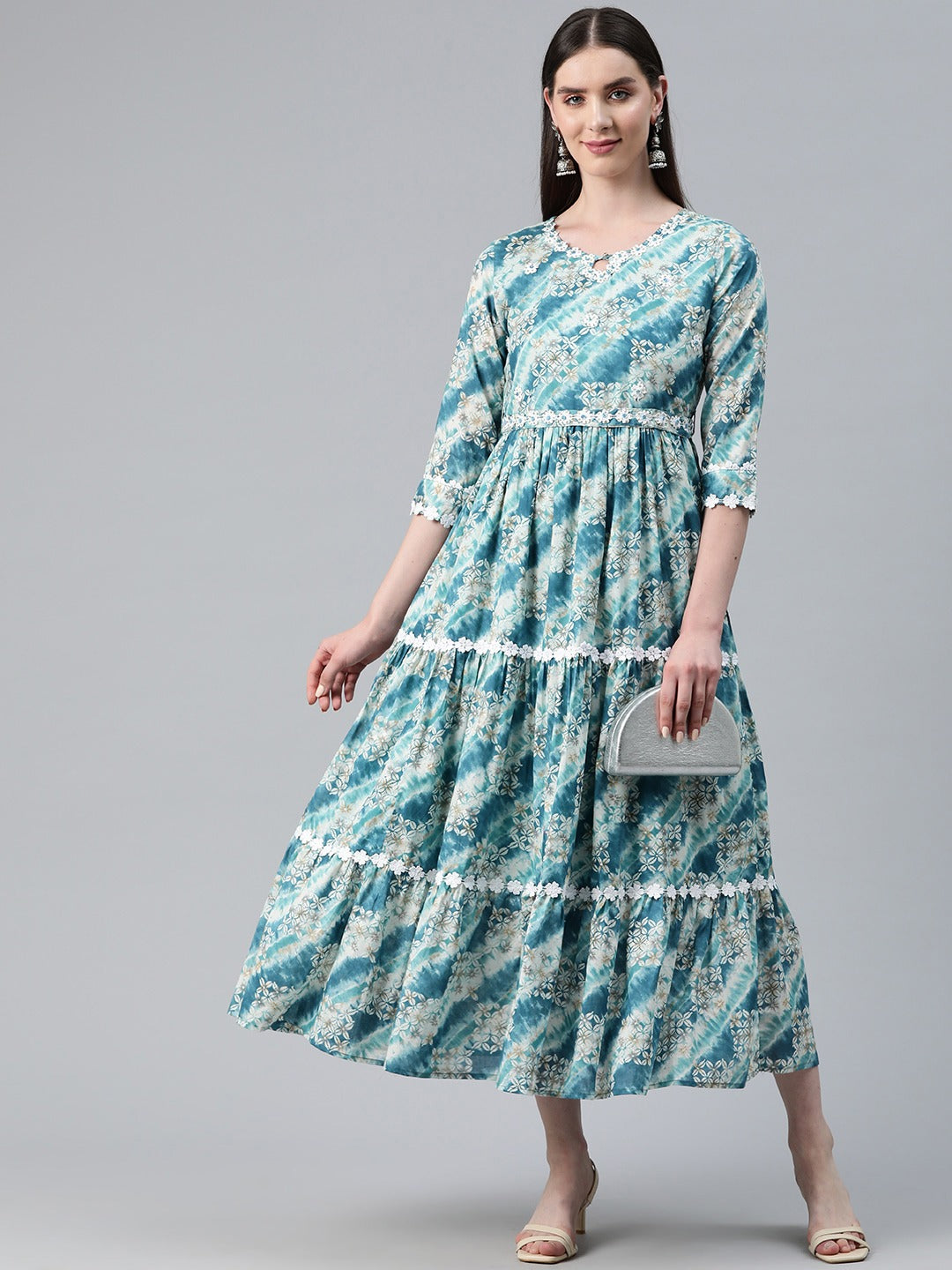 Navy Blue Color Cotton Fabric Tiered Dress