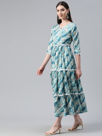 Navy Blue Color Cotton Fabric Tiered Dress