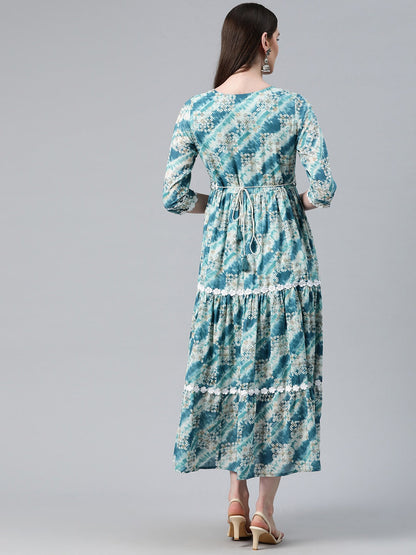 Navy Blue Color Cotton Fabric Tiered Dress