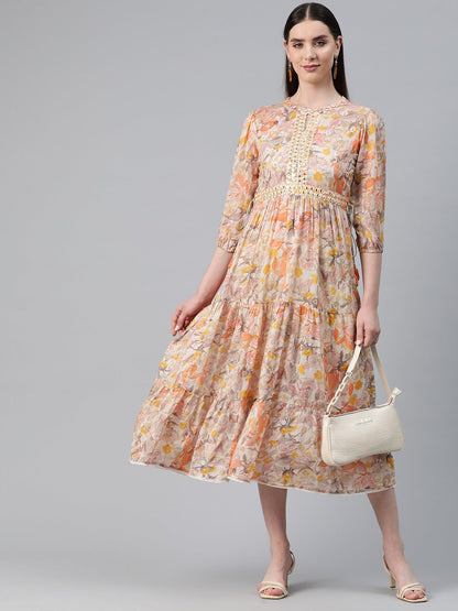 Peach Color Cotton Fabric Tiered Dress