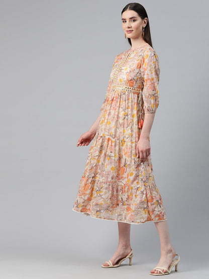 Peach Color Cotton Fabric Tiered Dress