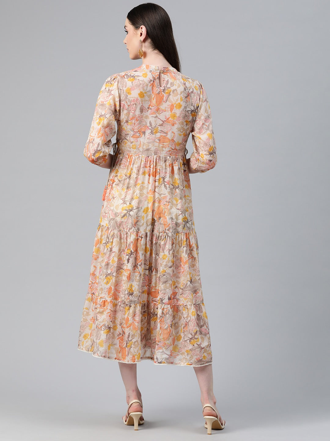 Peach Color Cotton Fabric Tiered Dress