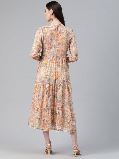Peach Color Cotton Fabric Tiered Dress