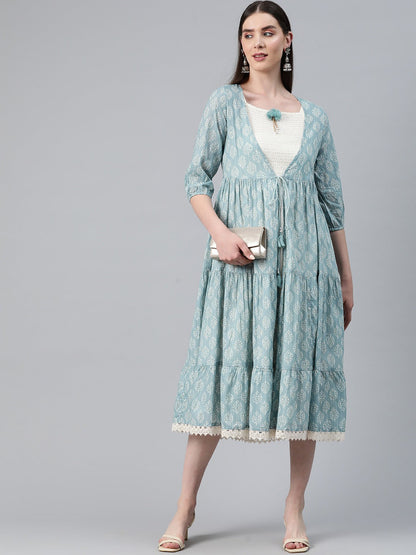 Blue Color Cotton Fabric Tiered Dress With Jacket