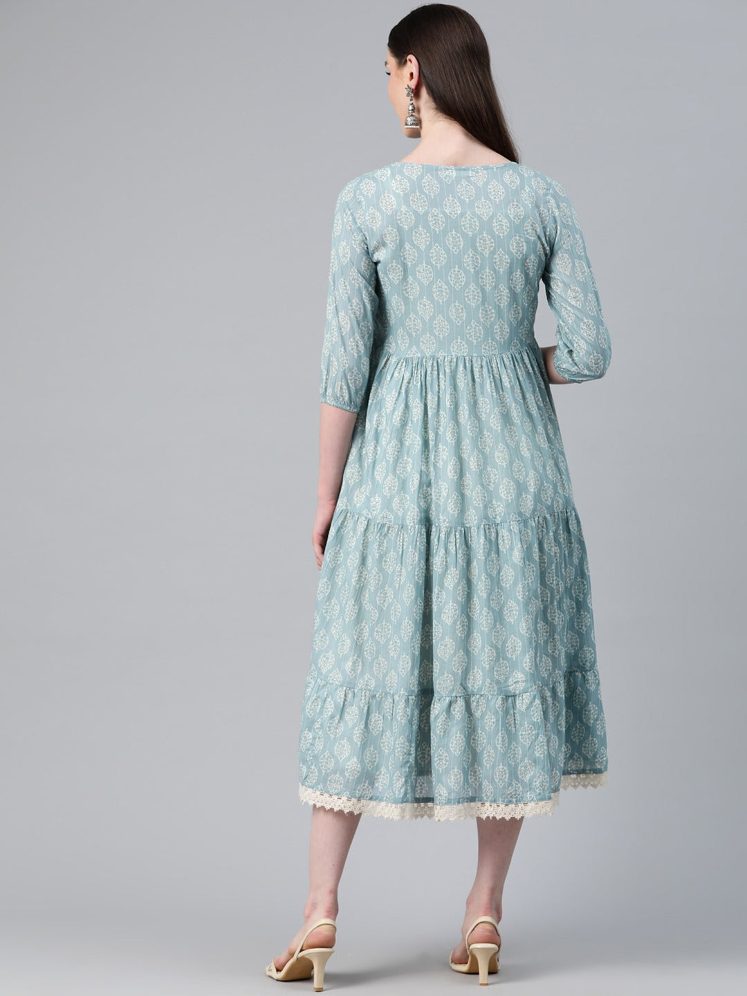 Blue Color Cotton Fabric Tiered Dress With Jacket