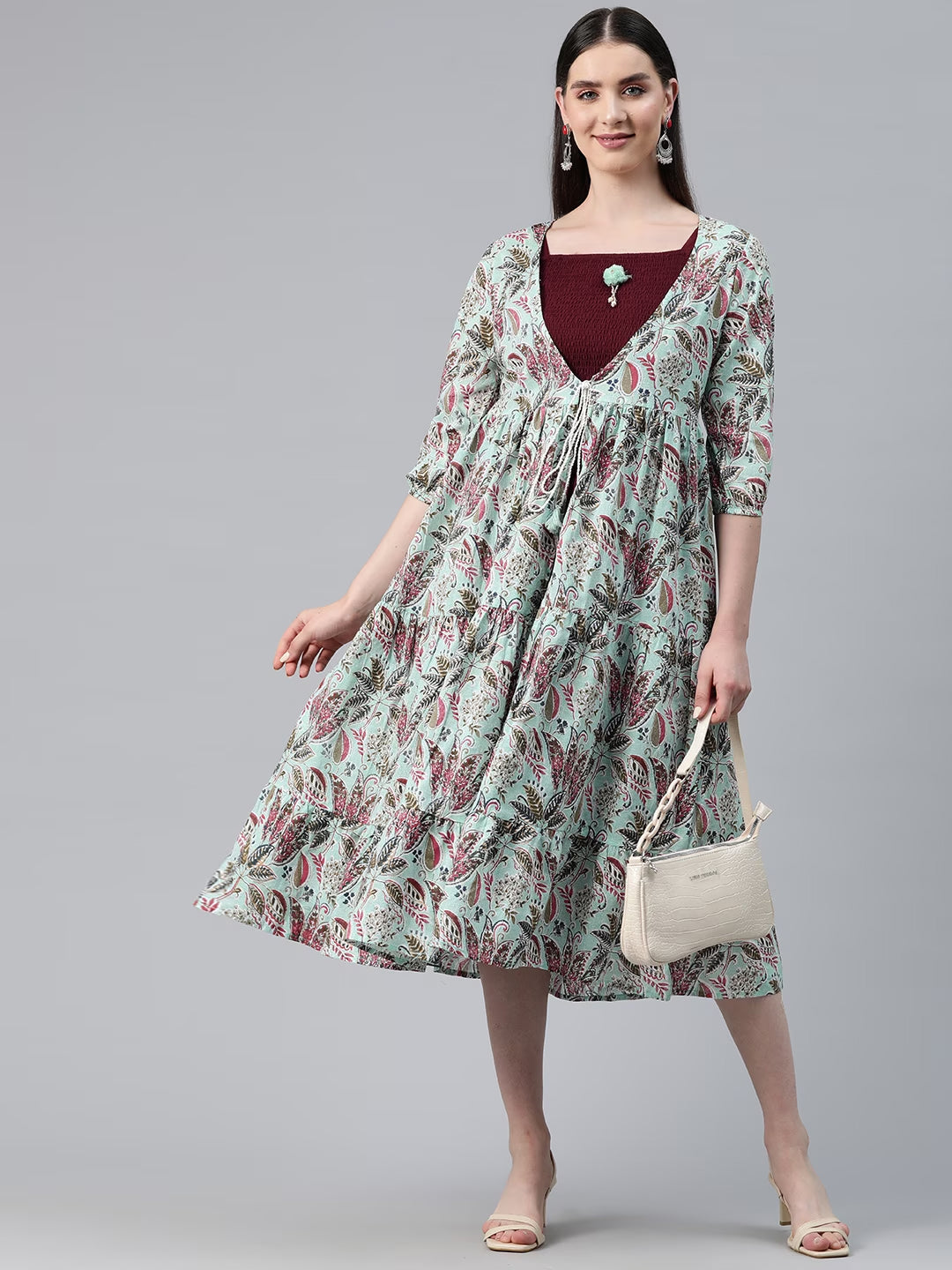 Burgundy Color Cotton Fabric Tiered Dress With Jacket