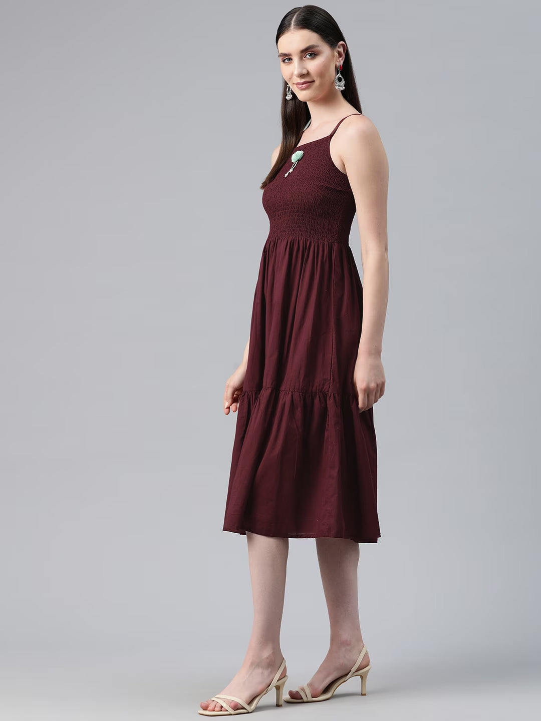Burgundy Color Cotton Fabric Tiered Dress With Jacket