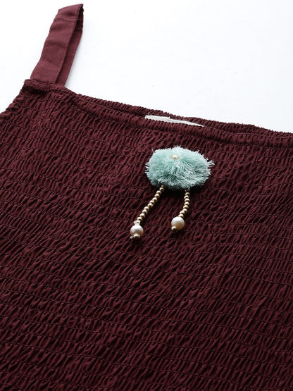 Burgundy Color Cotton Fabric Tiered Dress With Jacket