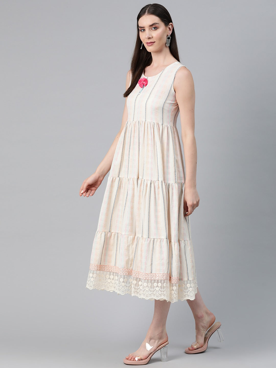 Off White Color Cotton Fabric Tiered Dress With Jacket