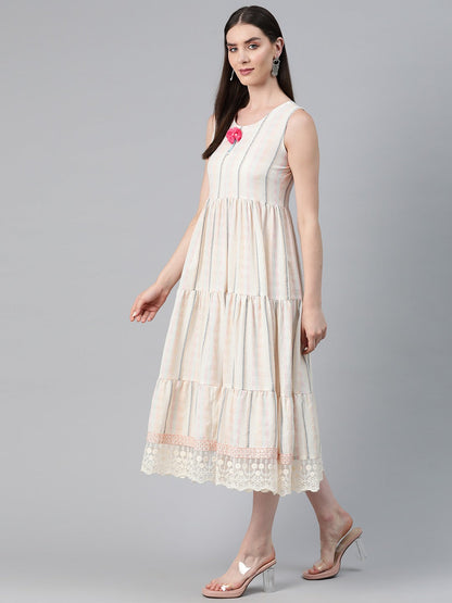 Off White Color Cotton Fabric Tiered Dress With Jacket