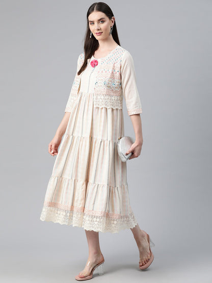 Off White Color Cotton Fabric Tiered Dress With Jacket