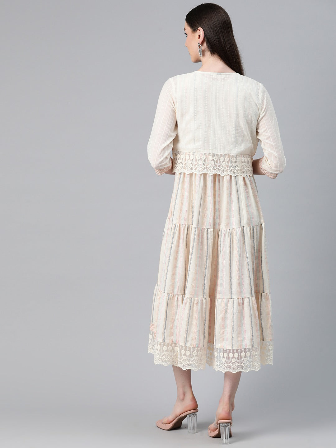 Off White Color Cotton Fabric Tiered Dress With Jacket