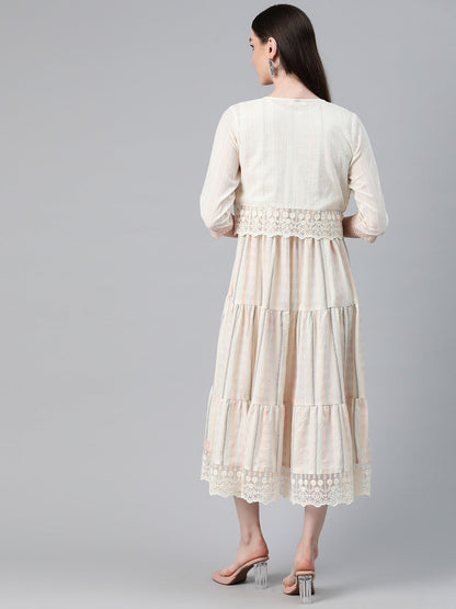Off White Color Cotton Fabric Tiered Dress With Jacket