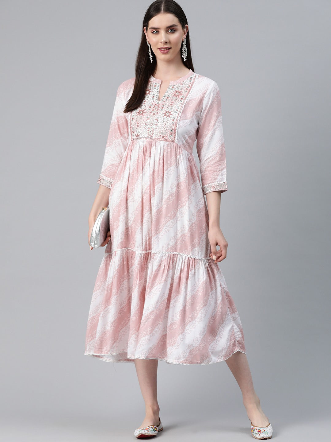 Pink Color Cotton Fabric Tiered Dress