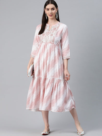 Pink Color Cotton Fabric Tiered Dress
