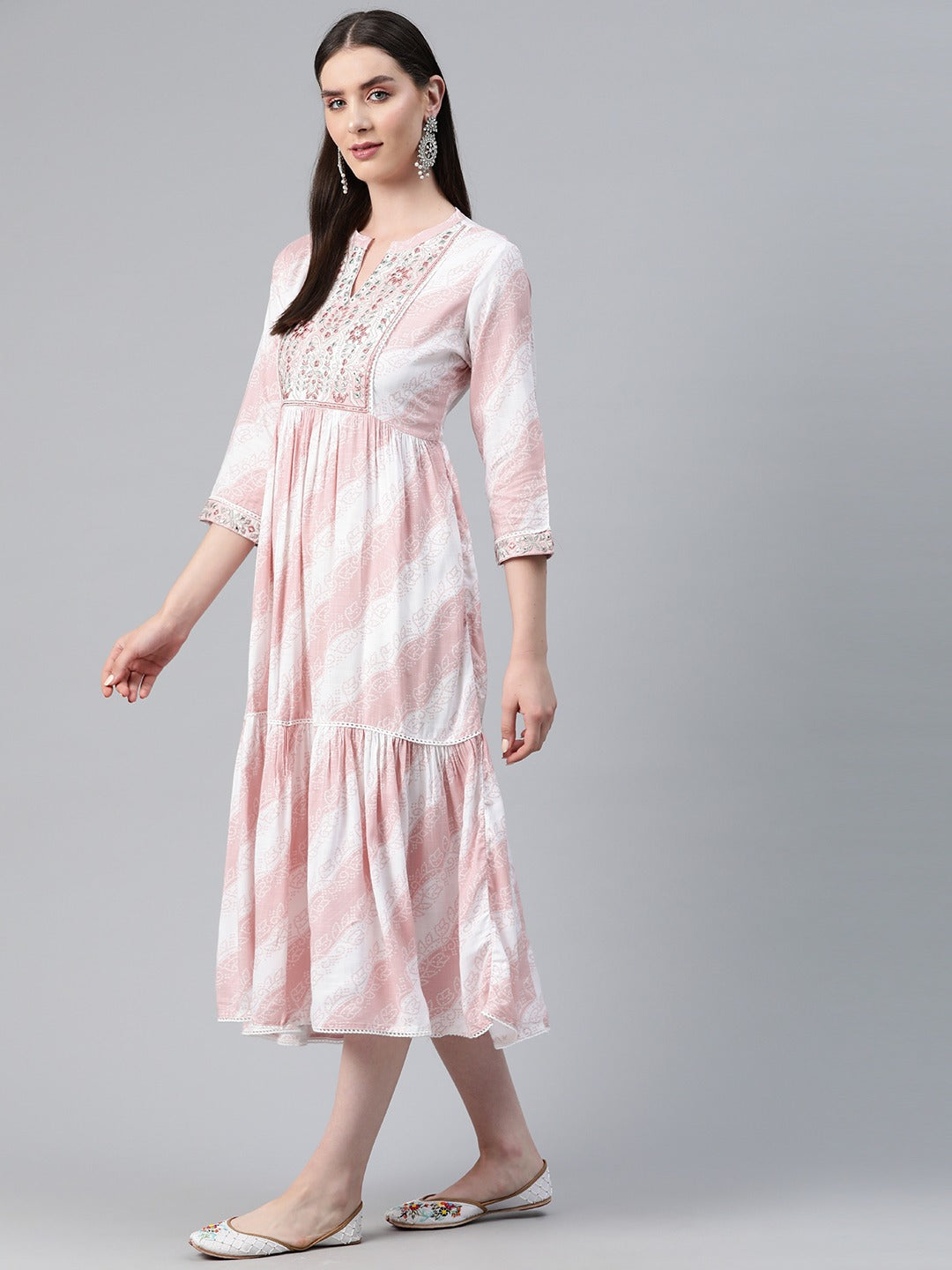 Pink Color Cotton Fabric Tiered Dress