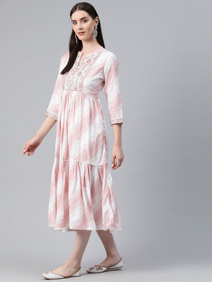 Pink Color Cotton Fabric Tiered Dress