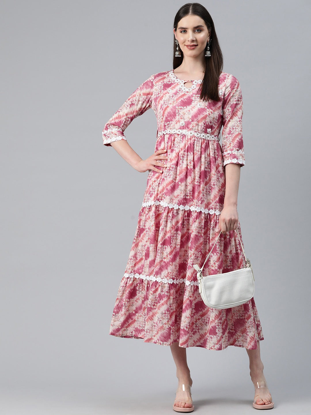 Green Color Cotton Fabric Tiered Dress