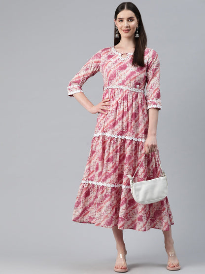 Green Color Cotton Fabric Tiered Dress