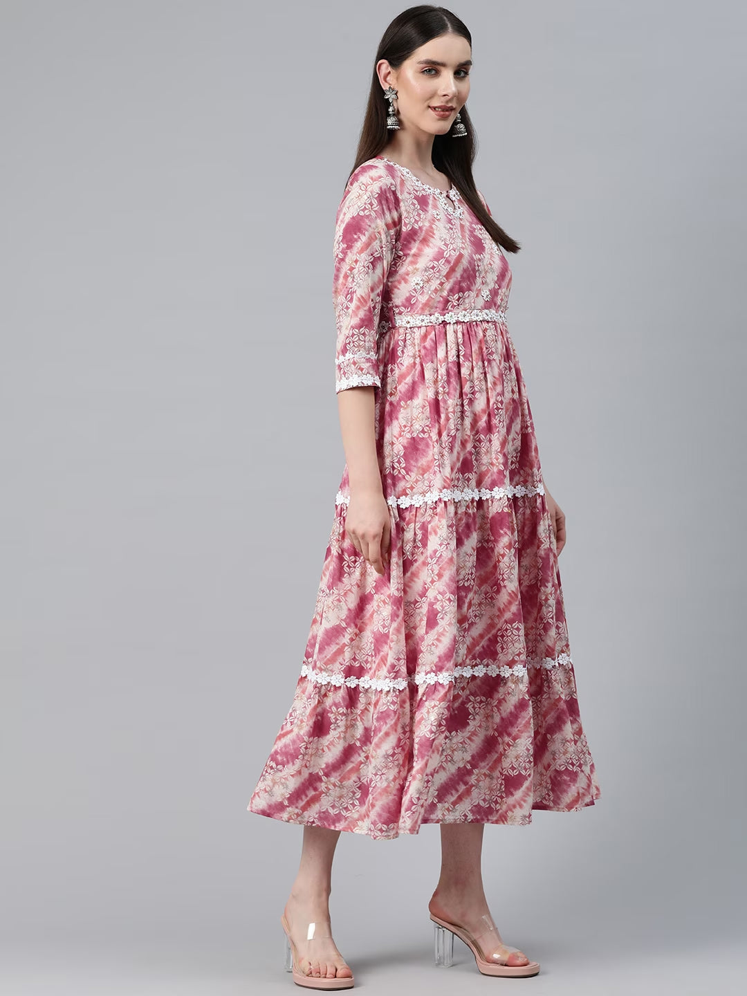 Green Color Cotton Fabric Tiered Dress