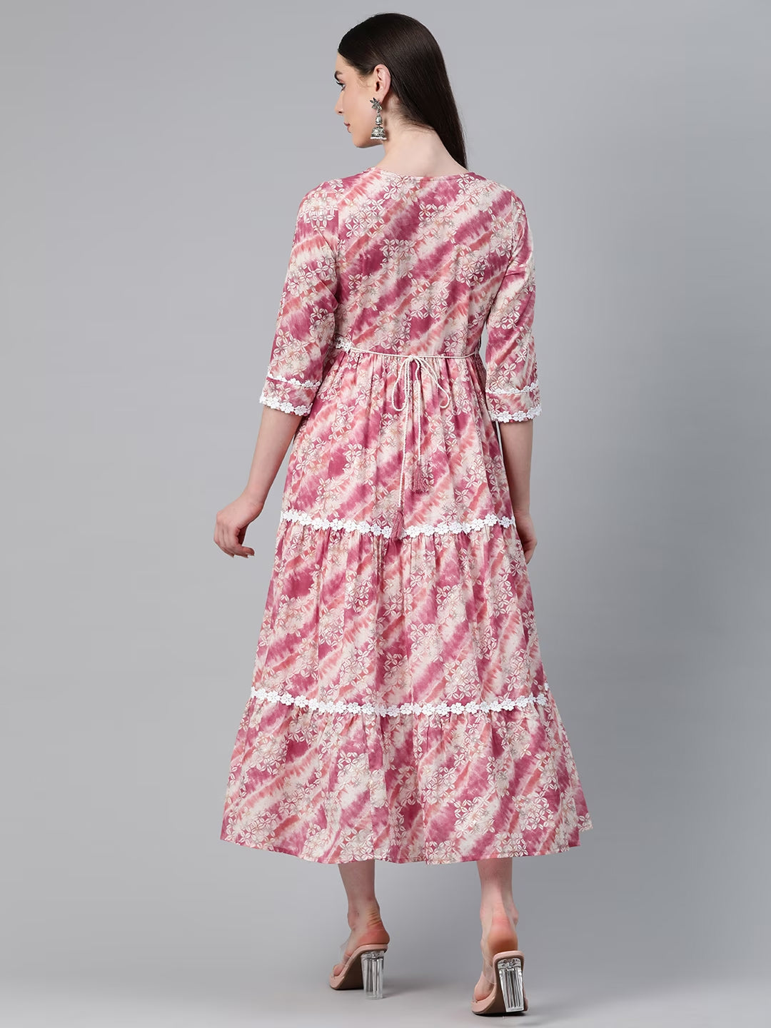 Green Color Cotton Fabric Tiered Dress