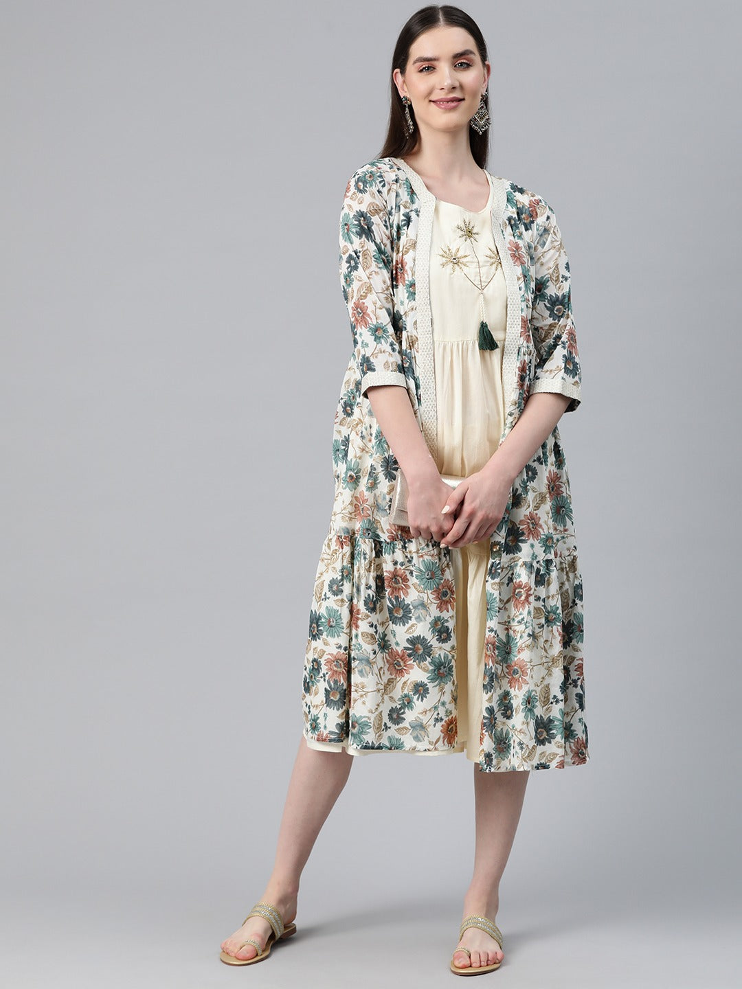 Cream Color Cotton Fabric Tiered Dress With Jacket