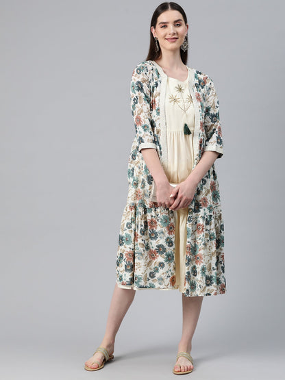 Cream Color Cotton Fabric Tiered Dress With Jacket