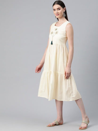 Cream Color Cotton Fabric Tiered Dress With Jacket