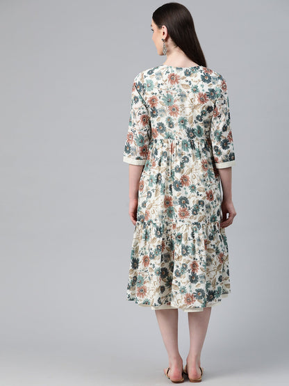 Cream Color Cotton Fabric Tiered Dress With Jacket