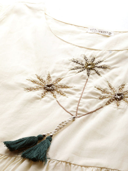 Cream Color Cotton Fabric Tiered Dress With Jacket