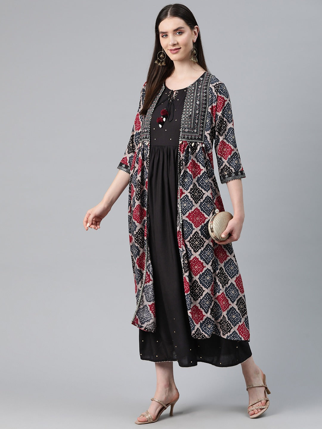 Black Color Rayon Fabric Flared Dress