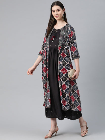 Black Color Rayon Fabric Flared Dress