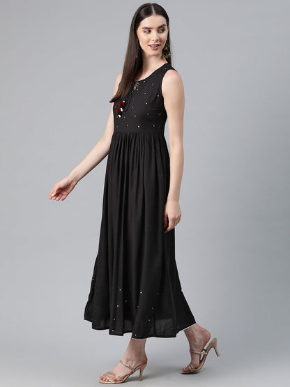 Black Color Rayon Fabric Flared Dress