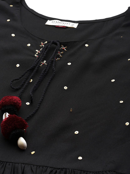 Black Color Rayon Fabric Flared Dress