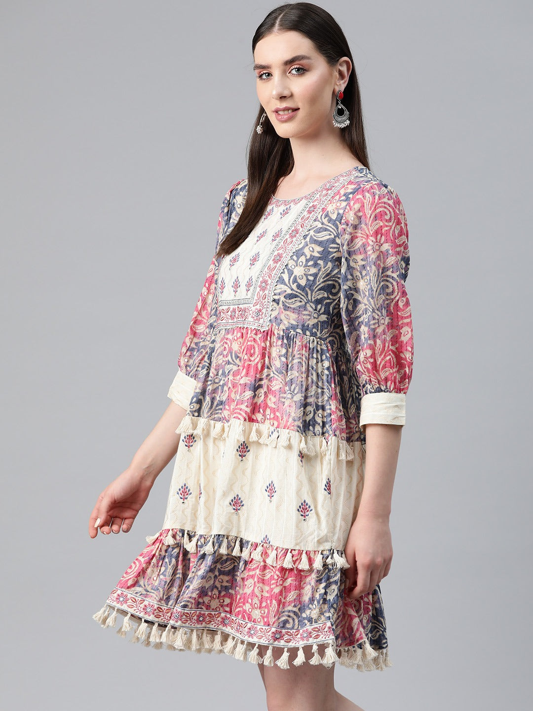 Multi Color Cotton Fabric Tiered Dress