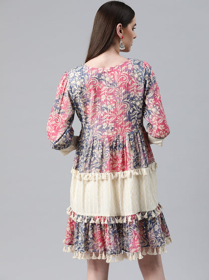 Multi Color Cotton Fabric Tiered Dress