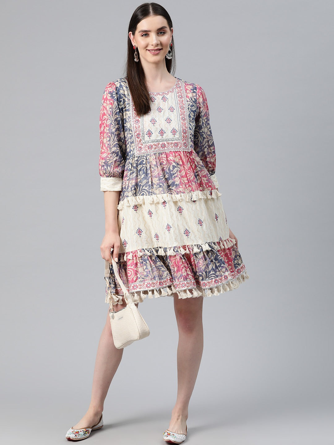 Multi Color Cotton Fabric Tiered Dress
