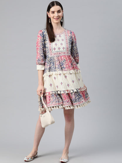 Multi Color Cotton Fabric Tiered Dress