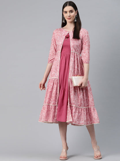 Mauve Color Cotton Fabric Tiered Dress With Jacket