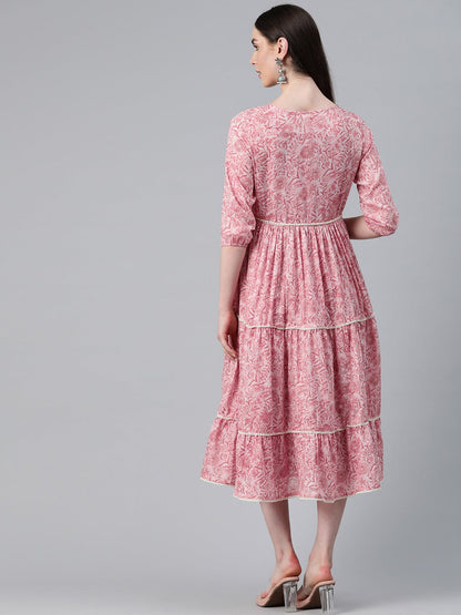 Mauve Color Cotton Fabric Tiered Dress With Jacket