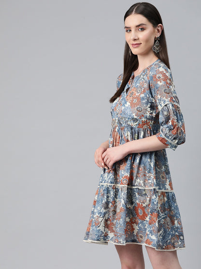 Blue Color Cotton Fabric Tiered Dress