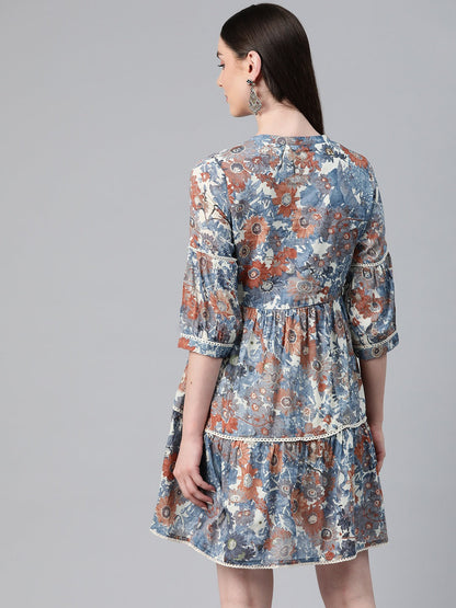 Blue Color Cotton Fabric Tiered Dress