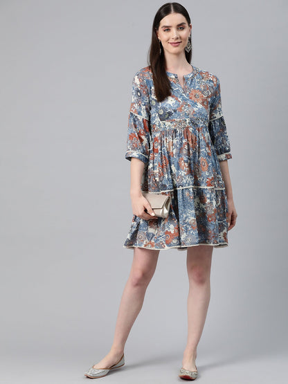Blue Color Cotton Fabric Tiered Dress