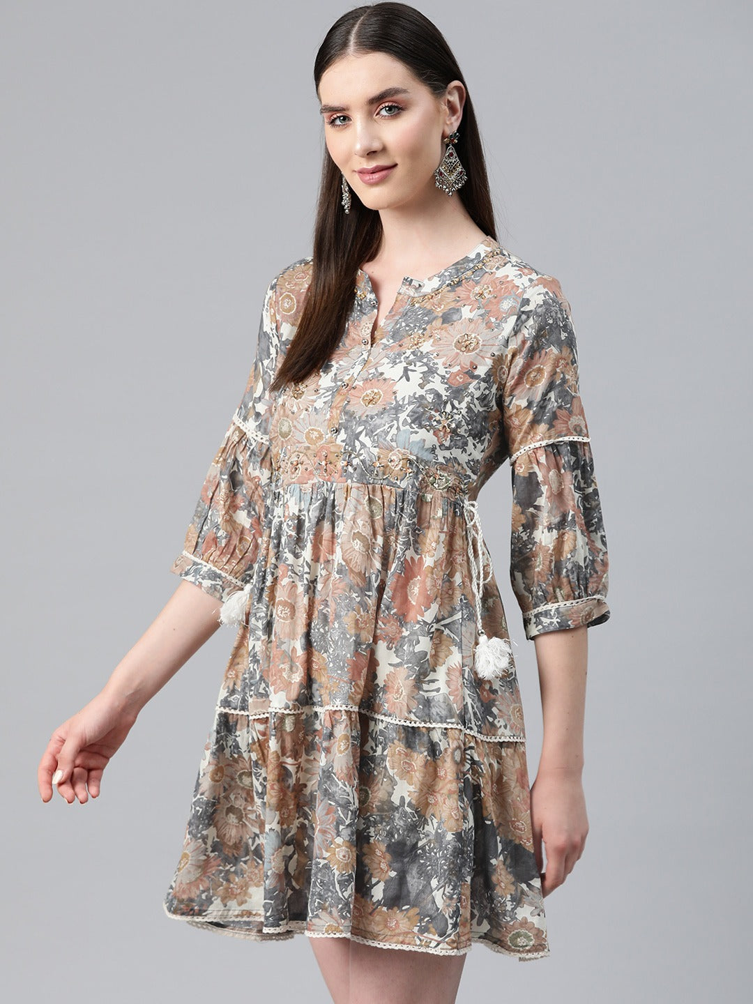 Grey Color Cotton Fabric Tiered Dress