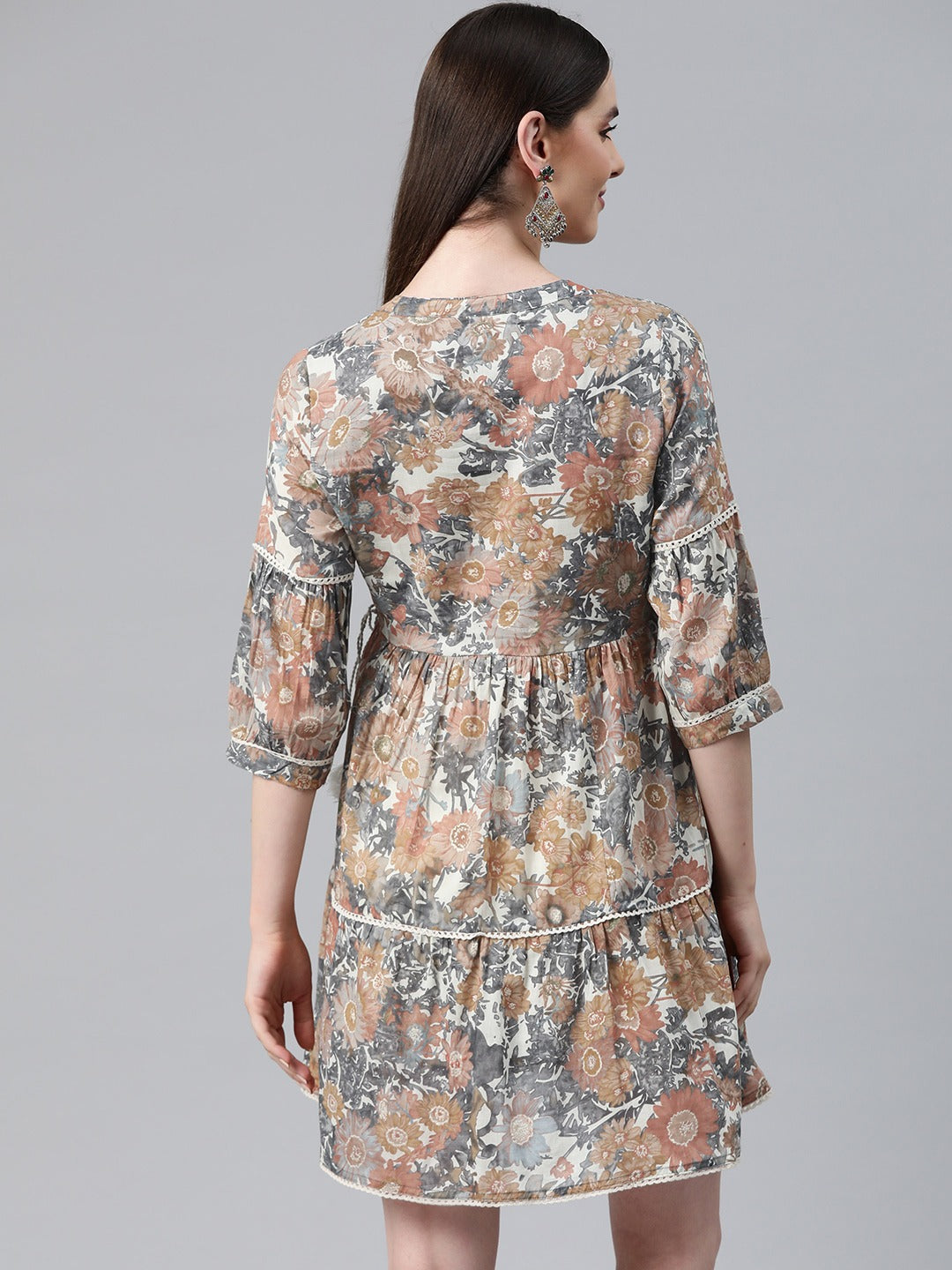 Grey Color Cotton Fabric Tiered Dress